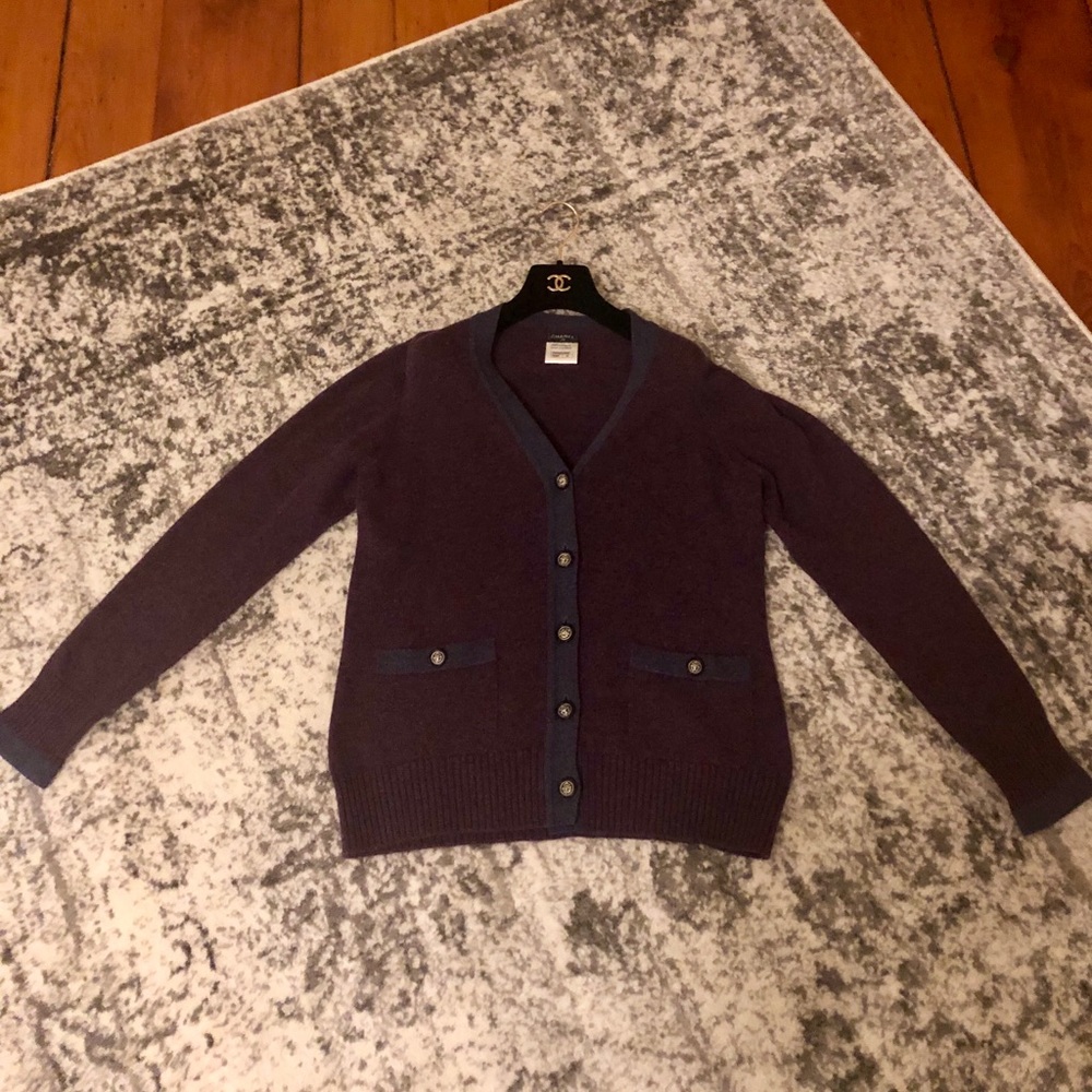 CHANEL Two Tone Purple Lion Head Button Cardigan